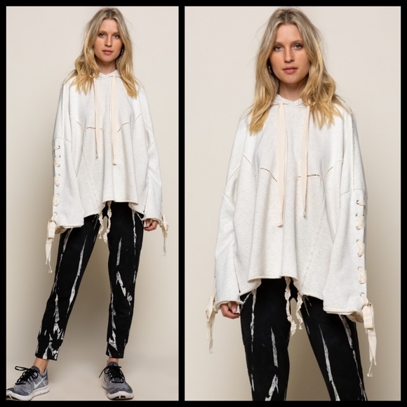 POL “Urban Chic” French Terry Hoodie Top Criss Cross Laces Down Sleeves Raw Hem - Picture 10 of 16